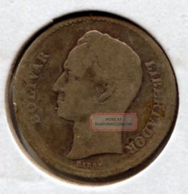 1921 Venezuela 2 Bolivares Silver Coin South America photo