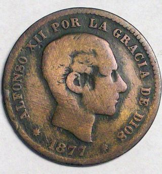 Spain 1877om Bronze 5 Centimos - Rare - Km - 674 photo
