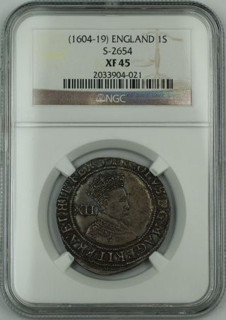 (1604 - 19) England 1s Shilling Silver Coin S - 2654 James I Ngc Xf - 45 Akr photo