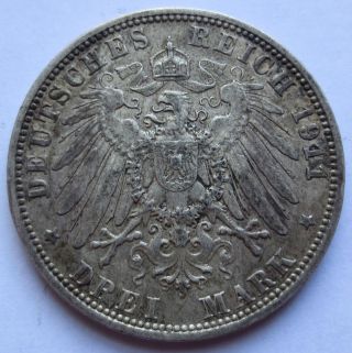 1911 - D German States Bavaria Drei 3 Mark Silver Coin Xf (100757r) photo