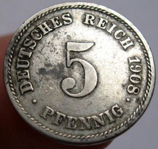 1908 - E Germany Empire 5 Pfennig Coin Km 11 photo