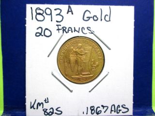1 - 1893 - A Gold 20 Francs - France Km 825 photo