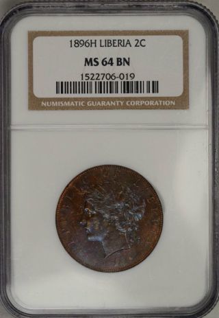 1896 H Liberia 2 Cent Official Coinage Ngc Ms64 Bn Gorgeously Toned U.  S.  Colony photo