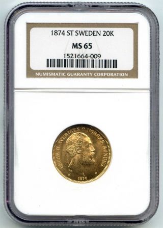 1874 St Ngc Ms65 Sweden Gold 20 Kronor photo