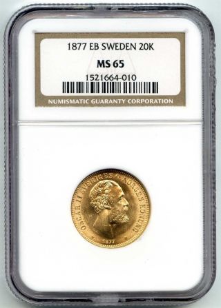 1877 Eb Ngc Ms65 Sweden Gold 20 Kronor Km 744.  2593 Agw photo