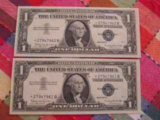 2 $1 1957 B Silver Certificate Star Notes Uncirculated In Sequence photo