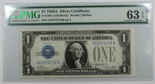 1928a One Dollar $1 Silver Certificate Fr 1601 (gb Block) Pmg Cu - 63 Epq Ww photo