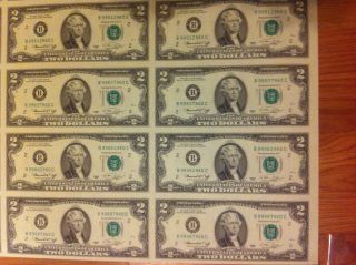 2009 Uncut Sheet $2 X 8 Early Release Crisp - Fresh 2 Dollars Extremely Rare photo