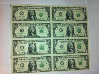 Uncut Sheet $1x 8 Legal 1 Dollar Real Currency Note Rare Usa Bills - Usa photo