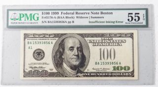 1999 Frn $100 Dollar Bill Error Missing Green Treasury Seal,  Pmg 55 Unc Rare photo