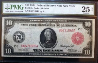 1914 $10 Federal Reserve Red Seal Note - Pmg Graded As 25 Very Fine Net photo