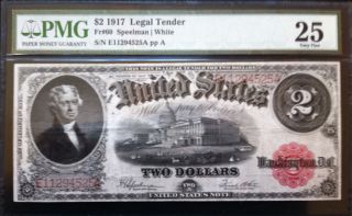 1917 $2 Legal Tender Note - Great Color & Detail - Pmg Graded As 25 Very Fine photo