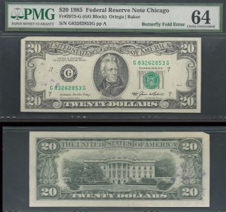 $20 1985=butterfly Fold Error=chicago=pmg 64 Choice Uncirculated photo