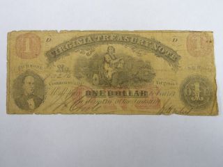 1862 $1 Dollar Virginia Treasury Richmond Va Obsolete Note Civil War Days 3408 photo