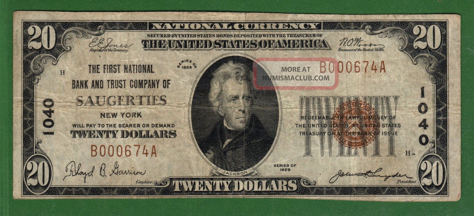 {saugerties} $20 The First Nb & Trust Co Of Saugerties Ny Ch 1040 Vf Paper Money: US photo