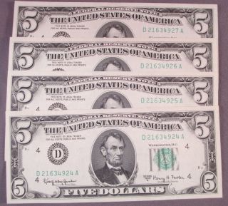(4) 1963a $5 Five Dollar Federal Reserve Notes Sequential Serial S photo