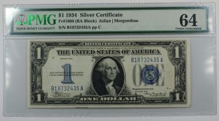 1934 One Dollar $1 Silver Certificate Fr 1606 (ba Block) Pmg Cu - 64 Epq Spots Ww photo