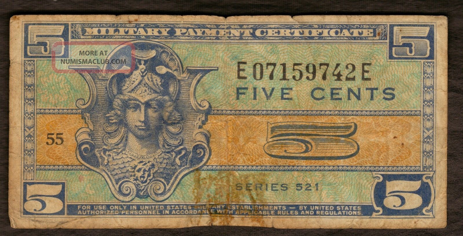 Military Payment Certificate Five Cents 5c Series 521 Ab305