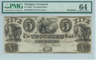 Obsolete Currency Michigan Tecumseh Bank $5 Note Pmg64 Choice Uncirculate Platea photo