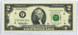1995 Two (2) Dollar U.  S.  Reserve Note F91409139a In Uncirculatedcondition.  Crisp photo