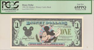 1991 $1 Mickey Disney Dollar Pcgs 65ppq Castle Back Walt Disney World D Series photo