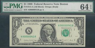 $1 1988==two - Digit Serial==number 41==a00000041b==pmg Ch Unc 64 Epq photo