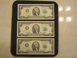 3 Uncirculated $2 Dollar Bills & Crisp,  Sequential Order photo