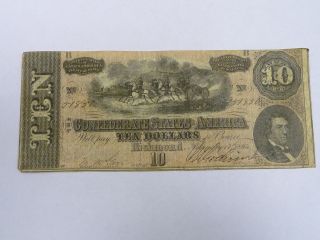 1864 $10 Dollars Va Treasury Richmond Confederate Note Civil War Era 3481 photo