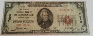 1929 Type 1 Reynoldsville Pa $20 National Currency Note - Very Scarce photo
