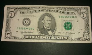$5 Usa Frn Federal Reserve Note Series 1995 G82969436c photo