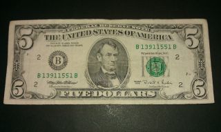 $5 Usa Frn Federal Reserve Note Series 1995 B13911551b photo