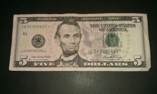 $5 Usa Frn Federal Reserve Star Note Series 2006 Ia02358637 photo
