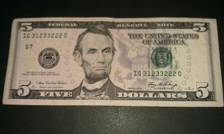 $5 Usa Frn Federal Reserve Note Series 2006 Ig31233222c Repeater Style Serial photo
