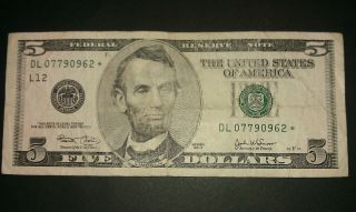 $5 Usa Frn Federal Reserve Star Note Series 2003 Dl07790962 photo