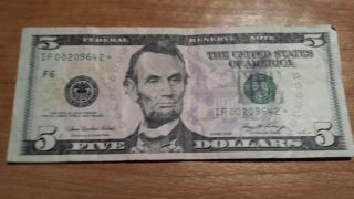 $5 U.  S.  A.  Frn Federal Reserve Star Note Series 2006 If00209642 photo