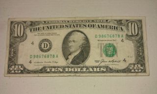 $10 Usa Frn Federal Reserve Note Series 1985 D98676878a photo