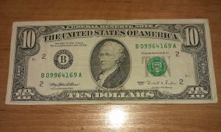 $10 Usa Frn Federal Reserve Note Series 1995 B09964169a photo