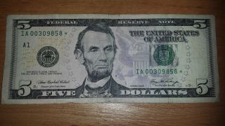$5 Usa Frn Federal Reserve Star Note 2006 Ia00309858 photo