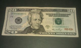 $20 Usa Frn Federal Reserve Note Series 2006 If00085883i Low Serial Number photo