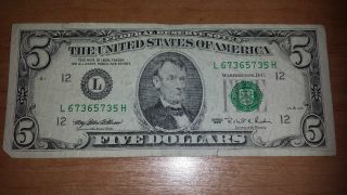 $5 Usa Frn Federal Reserve Note 1995 Series L67365735h photo