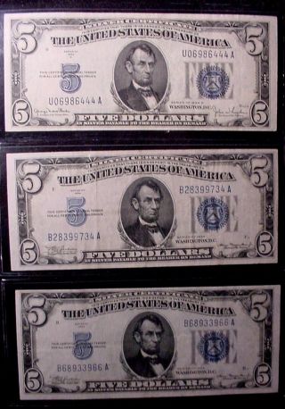 Three 1934/34d Five $5 Dollar Blue Seal Silver Certificate Ef/xf (circulated) photo