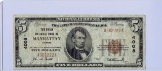 Manhattan,  Kasas :: 1929 $5 National Currency :: Repeating Serial Number photo