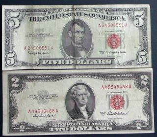 One 1963 $5 & One 1953a $2 United States Notes (a49545468a) photo