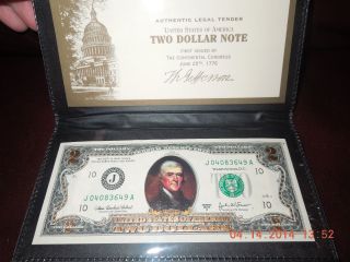 Outstanding $2 Dollar Gold Encrusted Us Bill / Uncirculated / Wrme photo