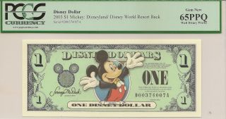 2003 $1 Mickey Disney Dollar Pcgs 65ppq Disneyland/world Back Disney World D Ser photo