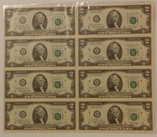 1976 H Series Star $2.  00 Uncirculated And Uncut Sheet Of 8 Notes photo