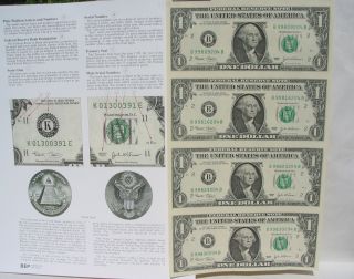 Uncut Sheet Of 4 Legal Us$1 Dollar,  2009,  $1x4,  Real Currency Note,  Usa photo