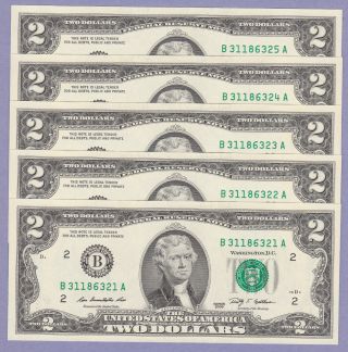 (5) 2009 Crisp Uncirculated $2 Two Dollar Bills - Consecutive York Notes. photo