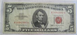 1963 Red Seal Five Dollar United States Note Paper Money Currency (1125al) photo