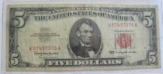 1963 Red Seal Five Dollar United States Note Paper Money Currency (1125m) photo
